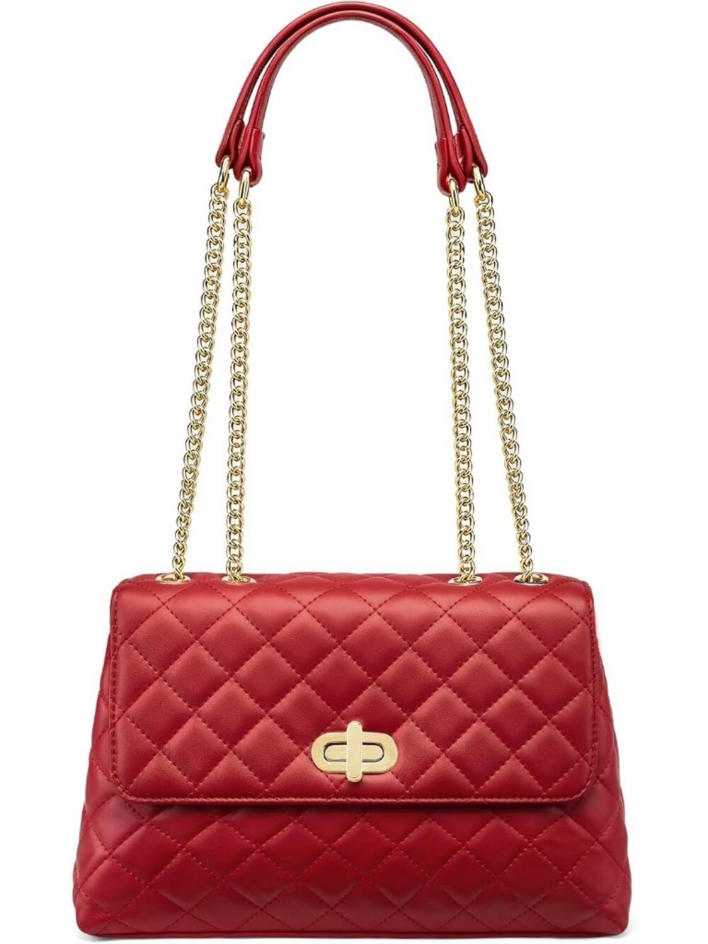 Womens Red Quilted Leather Shoulder Purse Chain Strap Crossbody Bag
